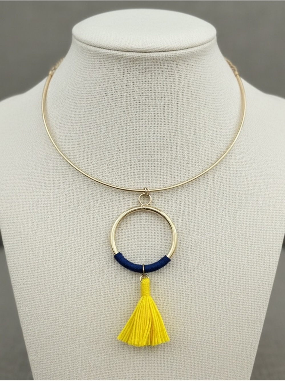 Gold Hoop Pendant Necklace with Navy Accent and Yellow Tassel
